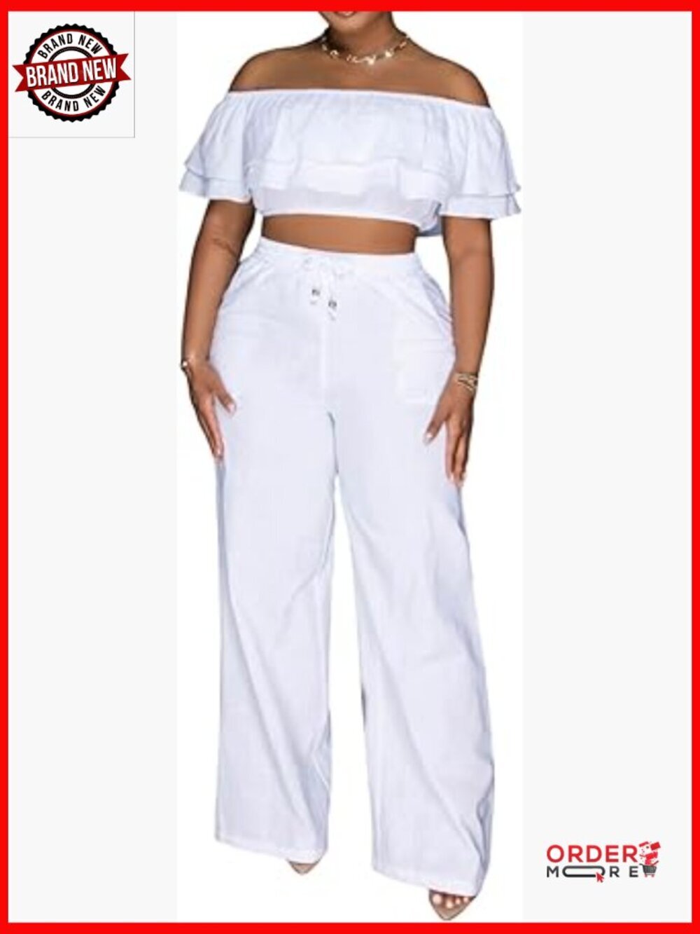 Sexy Off Shoulder Crop Top Wide Leg Pants 2 Piece Set with Pockets